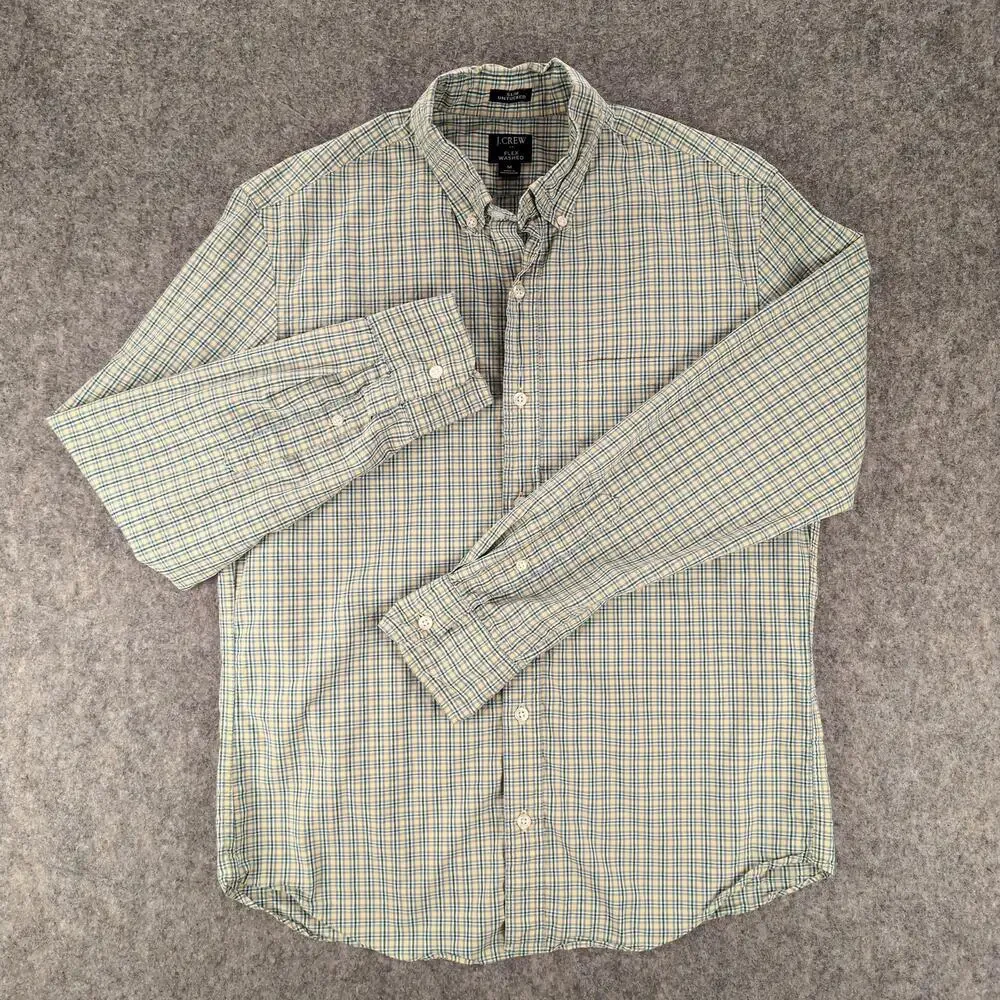J Crew Shirt Mens Medium Yellow Plaid Button Up Flex Washed Slim Stretch